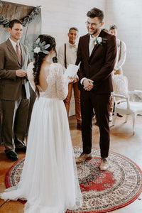 Elegant A-Line Round Neck Long Sleeves Backless Wedding Dress with Lace OHD050 | Cathyprom