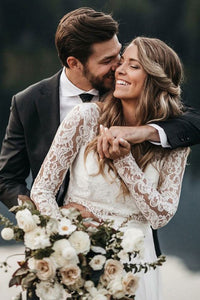 Two Piece Round Neck Long Sleeves Chiffon Wedding Dress with Lace OHD051 | Cathyprom