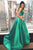 Two Piece Straps Sweep Train Hunter Satin Sleeveless Prom Dress with Pockets OHC038 | Cathyprom