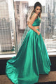 Two Piece Straps Sweep Train Hunter Satin Sleeveless Prom Dress with Pockets OHC038 | Cathyprom