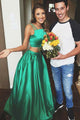 Two Piece Straps Sweep Train Hunter Satin Sleeveless Prom Dress with Pockets OHC038 | Cathyprom