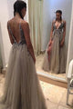 A-line Deep V-neck Backless Split Sweep Train Grey Prom Dress with Beading LPD39 | Cathyprom