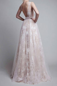 A-Line Deep V-Neck Long Backless Champagne Tulle Prom Dress with Lace OHC096 | Cathyprom