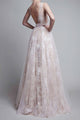 A-Line Deep V-Neck Long Backless Champagne Tulle Prom Dress with Lace OHC096 | Cathyprom