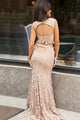 Two Piece Crew Sweep Train Blush Lace Open Back Prom Dress with Sequins Q30