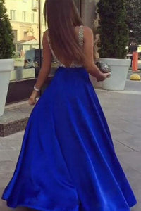 A-Line Deep V-Neck Floor-Length Royal Blue Prom Dress With Beading Pockets OHC015 | Cathyprom