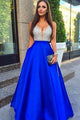 A-Line Deep V-Neck Floor-Length Royal Blue Prom Dress With Beading Pockets OHC015 | Cathyprom