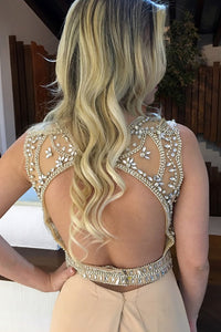 Mermaid Jewel Open Back Sweep Train Champagne Prom Dress with Beading LPD37 | Cathyprom
