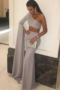 Special Two Piece One Shoulder Long Sleeves Floor Length Grey Mermaid Prom Dress LPD48 | Cathyprom