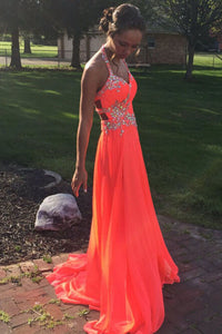 Glamorous Halter Open Back Sweep Train Orange Prom Dress with Beading Rhinestone LPD57 | Cathyprom