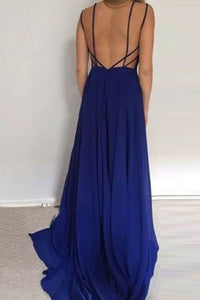 A-Line Straps Sweep Train Navy Blue Backless Satin Prom Dress P8