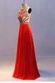 Glamorous A-line Crew Neck Floor Length Orange Prom Dress with Beading Crystals Pleats LPD44 | Cathyprom