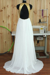 Simple A-line Round Neck Sweep Train Open Back White Prom Dress with Sequins LPD43 | Cathyprom