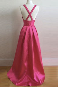 A-line Deep V-neck Criss-Cross Straps Floor Length Rose Pink Prom Dress with Pleats LPD27 | Cathyprom