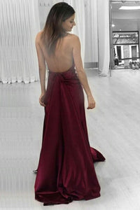 A-Line Halter Backless Burgundy Satin Prom Dress with Split L55 | Cathyprom