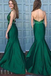 Mermaid Halter Sleeveless Sweep Train Backless Green Prom Dress with Lace Beading P84 | Cathyprom