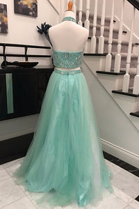 Two Piece A-line Halter Backless Long Mint Prom Dress with Beading Pearls P79 | Cathyprom