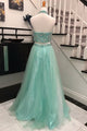 Two Piece A-line Halter Backless Long Mint Prom Dress with Beading Pearls P79 | Cathyprom