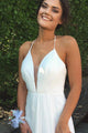 A-line Halter Floor Length Split White Backless Prom Dress with Pleats P78 | Cathyprom