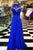 A-line High Neck Open Back Sweep Train Royal Blue Prom Dress with Beading P76 | Cathyprom