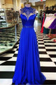 A-line High Neck Open Back Sweep Train Royal Blue Prom Dress with Beading P76 | Cathyprom