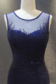 Mermaid Jewel Open Back Sweep Train Navy Blue Prom Dress with Beading P74 | Cathyprom