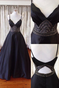 A-line Spaghetti Straps Open Back Sweep Train Black Prom Dress with Beading P73 | Cathyprom