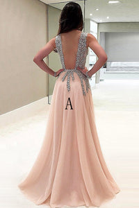 A-Line V-Neck Floor-Length Pink Tulle Prom Dress with Beading P61