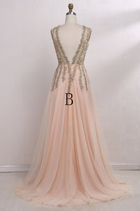 A-Line V-Neck Floor-Length Pink Tulle Prom Dress with Beading P61