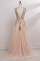 A-Line V-Neck Floor-Length Pink Tulle Prom Dress with Beading P61