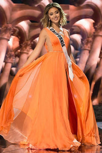 A-Line Deep V-Neck Sweep Train Orange Chiffon Prom Dress with Sash P32