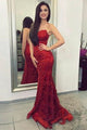 Mermaid Crew Neck Sweep Train Red Prom Dress with Appliques OHC049 | Cathyprom