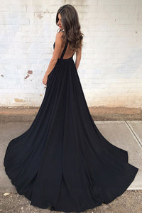 A-Line Deep V-Neck Court Train Sleeveless Backless Black Chiffon Prom Dress Z31