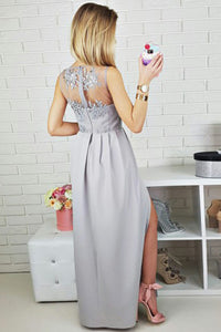 A-Line V-Neck Floor-Length Grey Prom Dress with Appliques OHC051 | Cathyprom