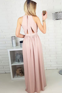A-Line Jewel Floor-Length Blush Chiffon Prom Dress with Keyhole OHC053 | Cathyprom