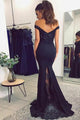 Mermaid Off-the-Shoulder Sweep Train Navy Blue Prom Dress with Beading Appliques L58 | Cathyprom