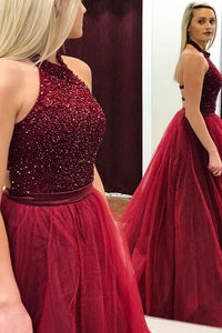A-Line Halter Sweep Train Backless Dark Red Tulle Prom Dress with Beading P21