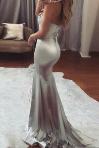 Mermaid Sweetheart Sweep Train Grey Satin Prom Dress with Beading L24