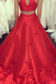 A-Line Jewel Sweep Train Red Satin Open Back Cut Out Appliques Pockets Prom Dress L29