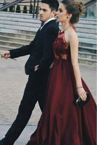 A-Line Halter Backless Floor-Length Burgundy Prom Dress with Appliques OHC059 | Cathyprom