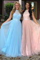 A-Line Halter Floor-Length Pink Tulle Prom Dress with Sash Lace OHC100 | Cathyprom