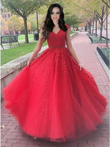A-Line V-Neck Sweep Train Long Dark Red Tulle Beaded Appliques Prom Dress Evening Dress OHC590