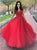 A-Line V-Neck Sweep Train Long Dark Red Tulle Beaded Appliques Prom Dress Evening Dress OHC590