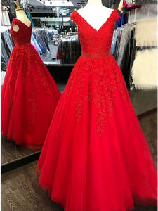 A-Line V-Neck Sweep Train Long Dark Red Tulle Beaded Appliques Prom Dress Evening Dress OHC590