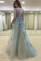 Mermaid Crew Detachable Light Blue Tulle Appliques Prom Dress with Beading Q49