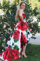 A-Line Sweetheart High Low Red Rose Floral Satin Prom Dress OHC103 | Cathyprom