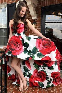 A-Line Sweetheart High Low Red Rose Floral Satin Prom Dress OHC103 | Cathyprom