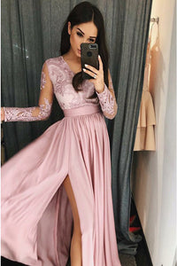 A-Line V-Neck Long Sleeves Sweep Train Pink Prom Dress with Appliques Split Z18