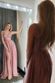 A-Line V-Neck Sweep Train Pink Prom Dress with Pleats Split OHC558