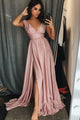 A-Line V-Neck Sweep Train Pink Prom Dress with Pleats Split OHC558